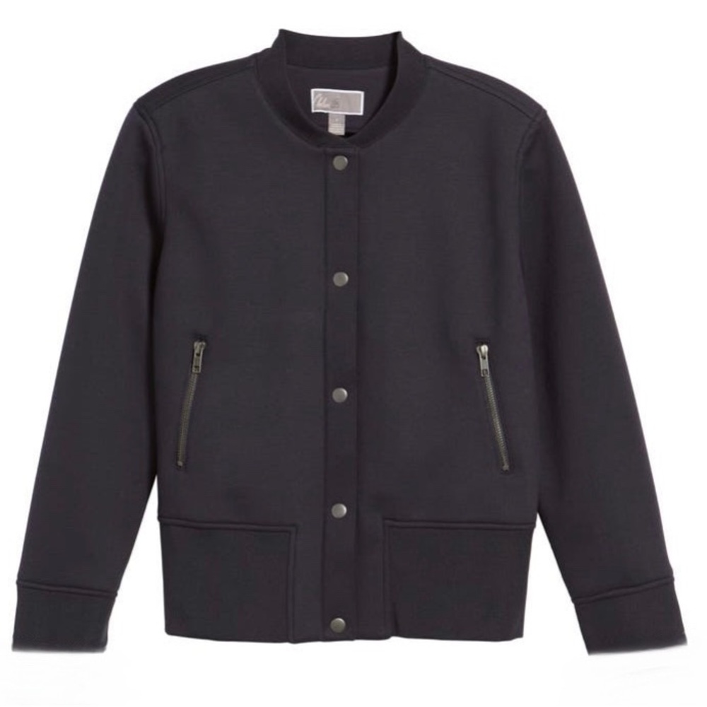 NWT Chelsea28 Ruffle Sleeve Jacket Snap Button Navy Blue Coat Women Size Small